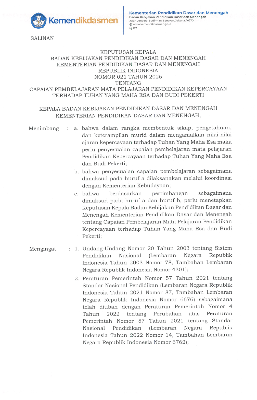 Cover Salinan Kepka BKPDM No. 021 Tahun 2026 tentang CP Mapel Pendidikan Kepercayaan dan Budi Pekerti